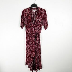 GANNI Red Black Crepe True Wrap Floral Midi Dress, Size EU 36